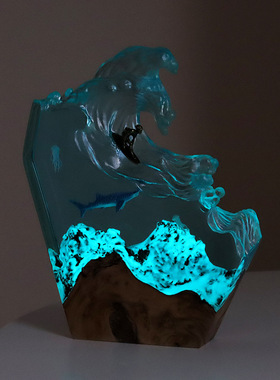 外贸海洋鲸鱼冲浪桌面摆件 创意艺术灯座实木树脂 小夜灯生礼物