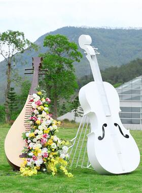 不锈钢大提琴花架金属音符雕塑摆件户外婚礼园林草坪景观装饰美陈