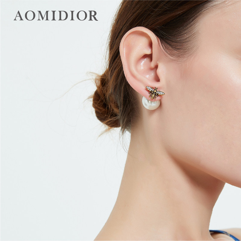 奥米迪奥复古银小蜜蜂珍珠前后耳钉 aomidior耳钉