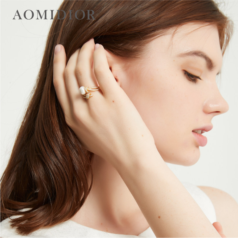 奥米迪奥绳结镶钻珍珠气质开口戒指 aomidior戒指/指环