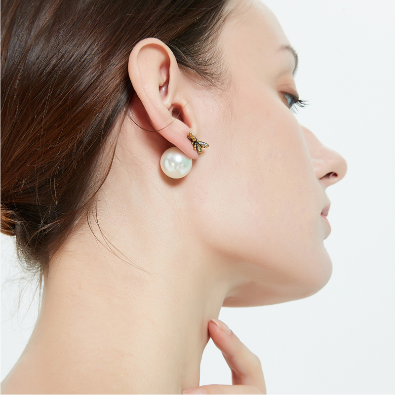 奥米迪奥复古银小蜜蜂珍珠前后耳钉 aomidior耳钉