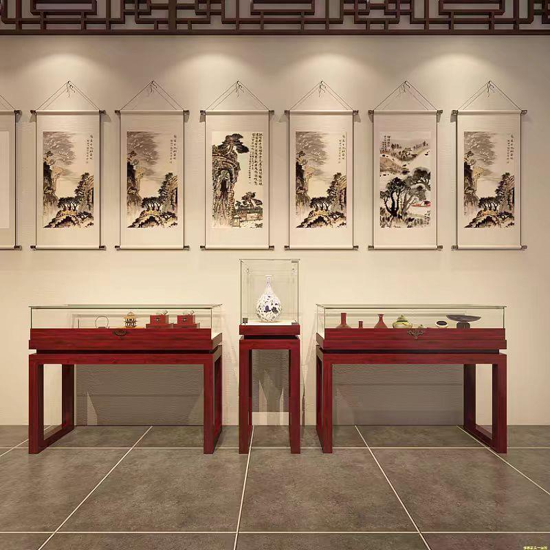 覆古实木珠宝展示柜博物馆展厅玻璃展柜古玩玉器文物翡翠柜台货架 - 图0