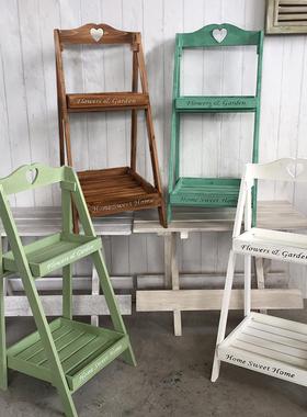 乡村田园复古简约方形置物架实木花架阶梯落地式多U层家居阳台摆