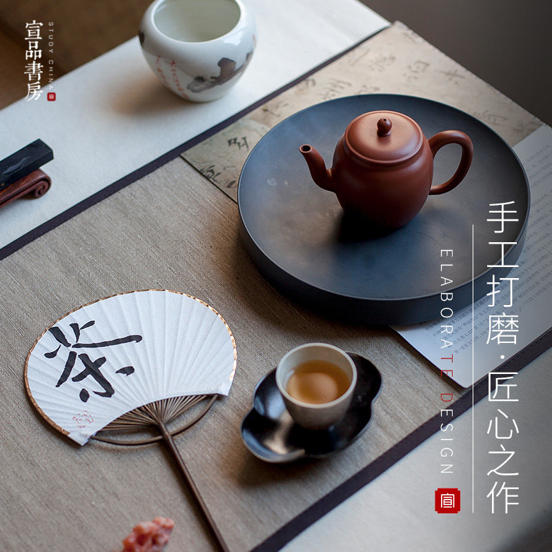 8寸砚台安徽歙砚天然原石带盖黄铜圆形大号简约宣砚墨条磨墨初学者写毛笔字书法国画多功能高档墨海logo