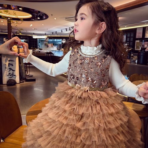 女童小香风背心裙冬装2025新款亮片蓬蓬公主裙女孩生日礼服连衣裙 - 图0