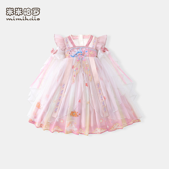 女童汉服连衣裙夏装2025新款网纱拼接设计感国风小女孩公主礼服裙