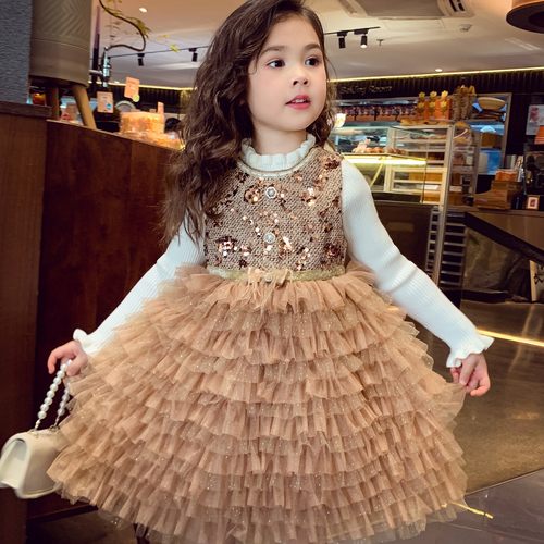 女童小香风背心裙冬装2025新款亮片蓬蓬公主裙女孩生日礼服连衣裙 - 图1