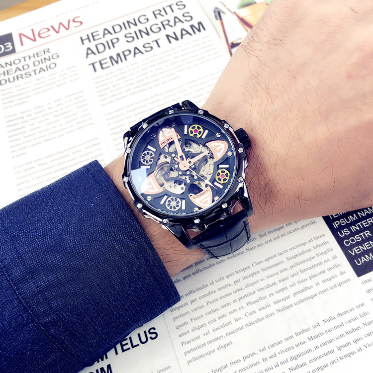 欧美炫酷复古全自动镂空男士机械表 光迈国产腕表