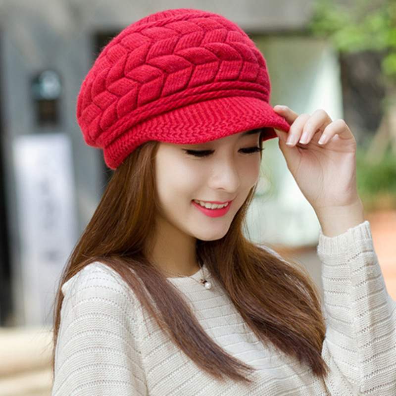 新款冬季帽子女韩版时尚百搭毛线帽鸭舌贝雷帽加绒加厚保暖针织帽