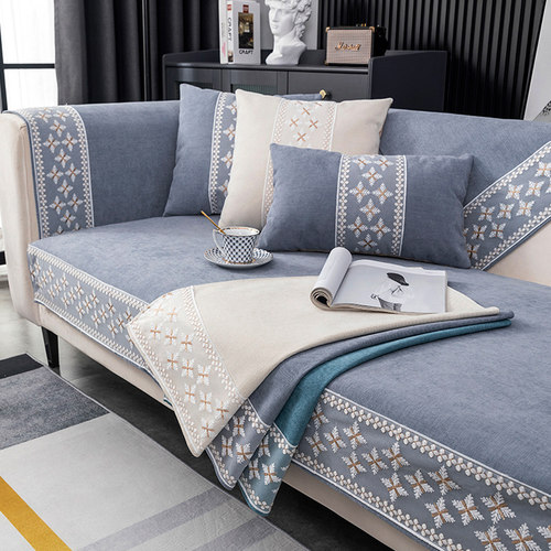 北欧简约四季通用雪尼尔沙发垫防滑皮沙发套罩高档坐垫靠背巾盖布 - 图0