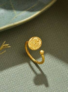 高级感古法金扎基拉姆守护神戒指 手工素圈锤纹古法金护法神戒指