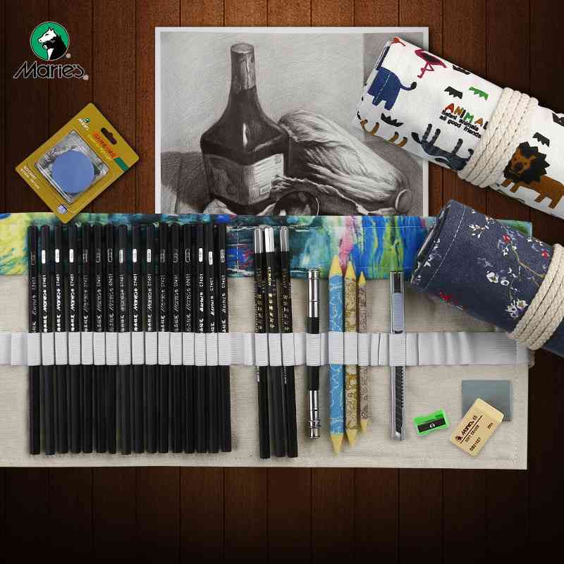 马利 素描绘画铅笔工具套装初学者入门专业美术绘图铅笔笔帘套装 - 图0