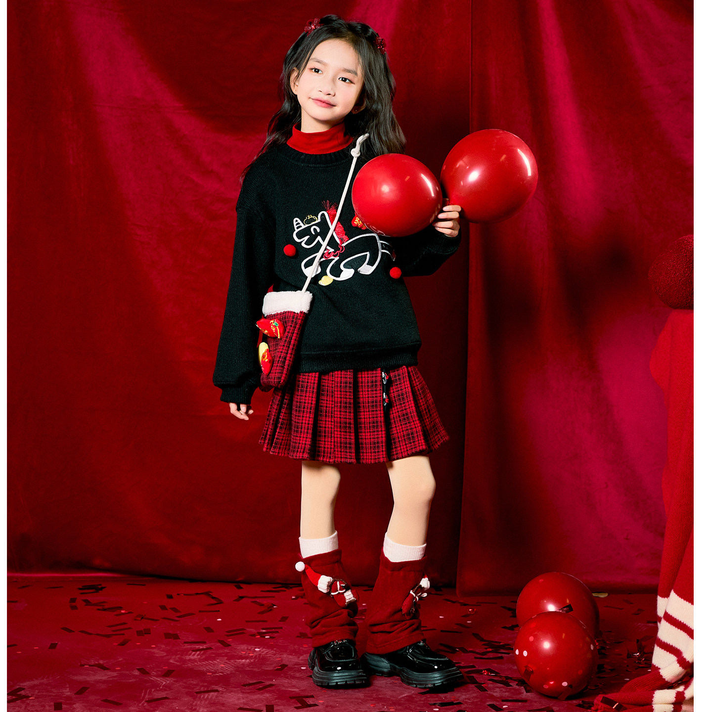 女童冬装百褶半身裙拜年裙子2026新款新年衣服儿童洋气红色格子裙,淘宝优惠券,粉丝福利购,淘宝优惠卷