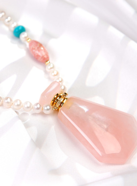 【品质高货】天然粉水晶香薰瓶吊坠 加大号T型香水瓶挂坠珍珠 GG