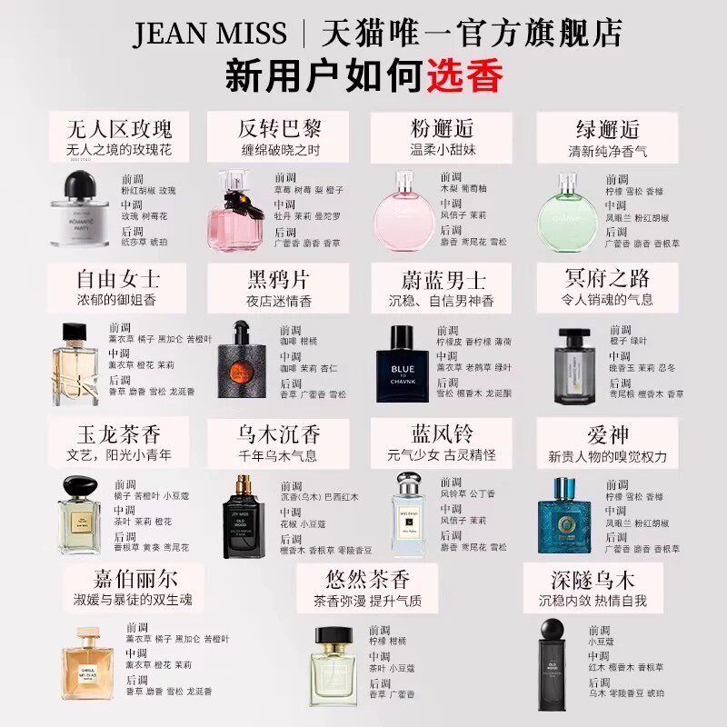 jeanmiss玫瑰香水女士正品官方旗舰店男士持久淡香白茶花果E3