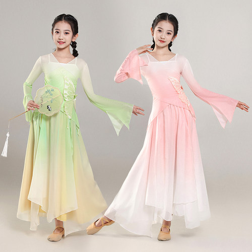 儿童古典舞女童蝴蝶粉绿纱衣中国风仙气练功服扇子舞飘逸演出服女 - 图3