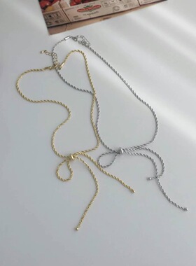 韩国进口noii项链 单边蝴蝶结编织感锁骨链长款项链毛衣链卫衣链
