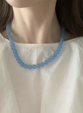 0708韩国东大门代购earlobe海蓝宝色项链吸睛淡蓝色冰润串珠颈链