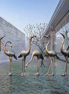 中式彷铜仙鹤雕塑摆件水池现代庭院园林景观装饰品大型玻璃钢模型