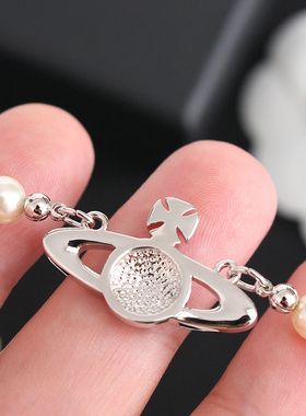 土星珍珠项链女别针立体星球颈链镶钻多层毛衣链小众设计锁骨链女