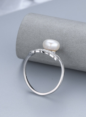 日系coss kokos925银珍珠戒指女可调节时尚叶子指环diy空托