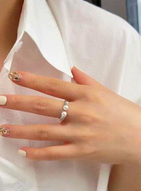 日系coss koko中古s925银麻花双珍珠戒指女夏新款个性ins复古