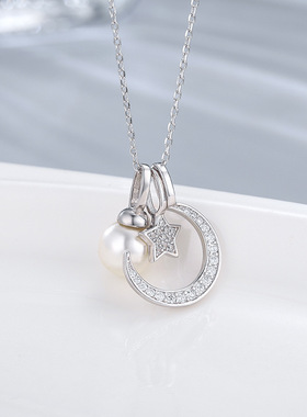 日系coss kokos925银日月星辰珍珠项链多种戴法星星月亮吊坠微镶