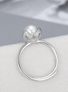 日系coss kokos925银珍珠小花戒指气质轻奢高级感开口可调节戒子