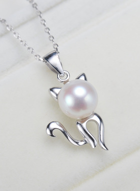 日系coss kokos925银diy可爱萌猫咪淡水珍珠吊坠项链 配件三件套