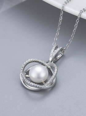 日系coss koko欧美s925银镶钻珍珠项链女时尚v形吊坠diy空托银饰