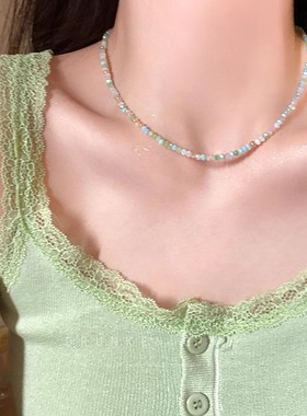 色串珠项链女双层叠戴颈链