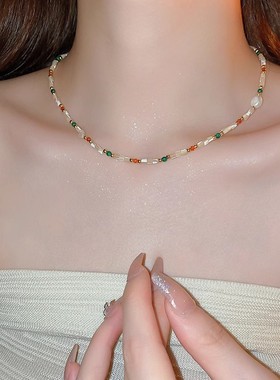 民族风彩色米珠串珠项链锁骨链