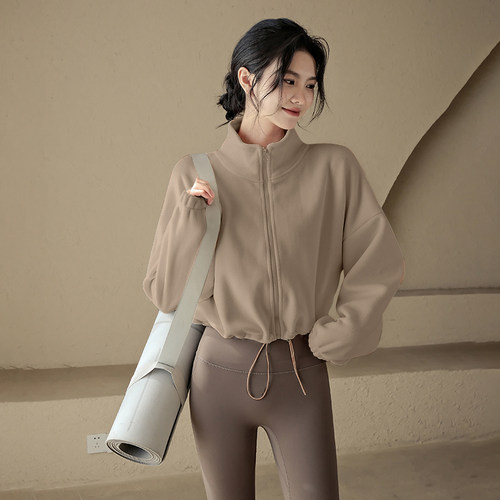 新款加厚运动外套女秋冬季保暖双面绒瑜伽服时尚健身长袖上衣 - 图3