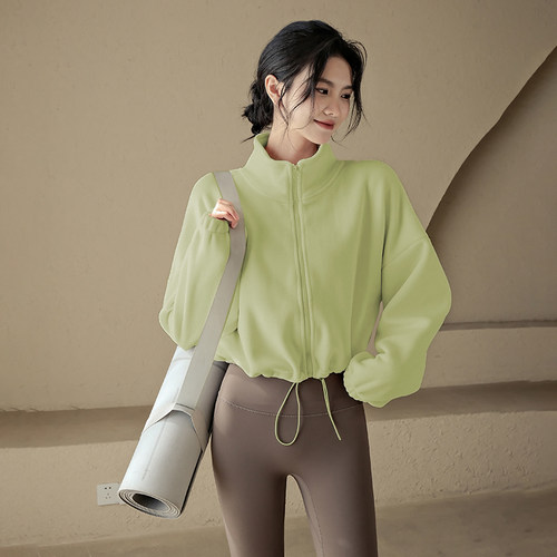 新款加厚运动外套女秋冬季保暖双面绒瑜伽服时尚健身长袖上衣 - 图2