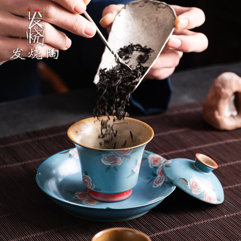 发烧陶100cc小容量盖碗家用中式复古风手绘陶瓷二才碗功夫茶具 - 图0