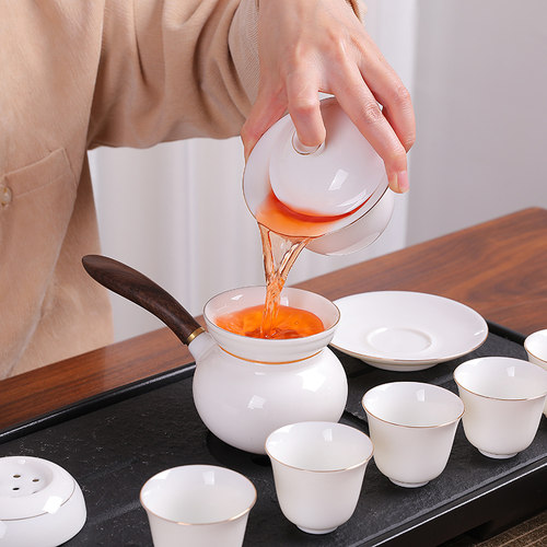 古顺牧汉白玉瓷茶具德化白瓷高岭土羊脂玉瓷盖碗白瓷侧把茶壶茶杯 - 图1