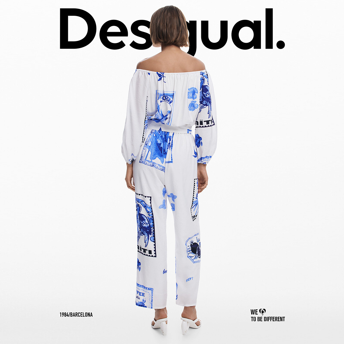 Desigual手绘印花一字肩腰带收腰连体裤,淘宝优惠券,粉丝福利购,淘宝优惠卷