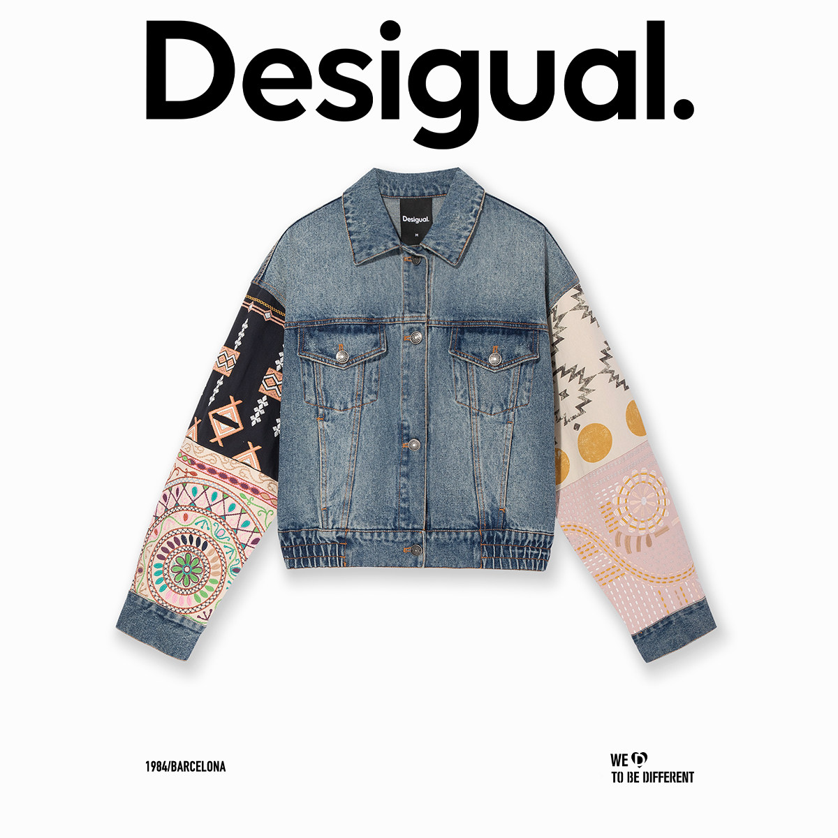 Desigual宽松牛仔撞色刺绣拼接夹克中蓝丹宁女士外套
