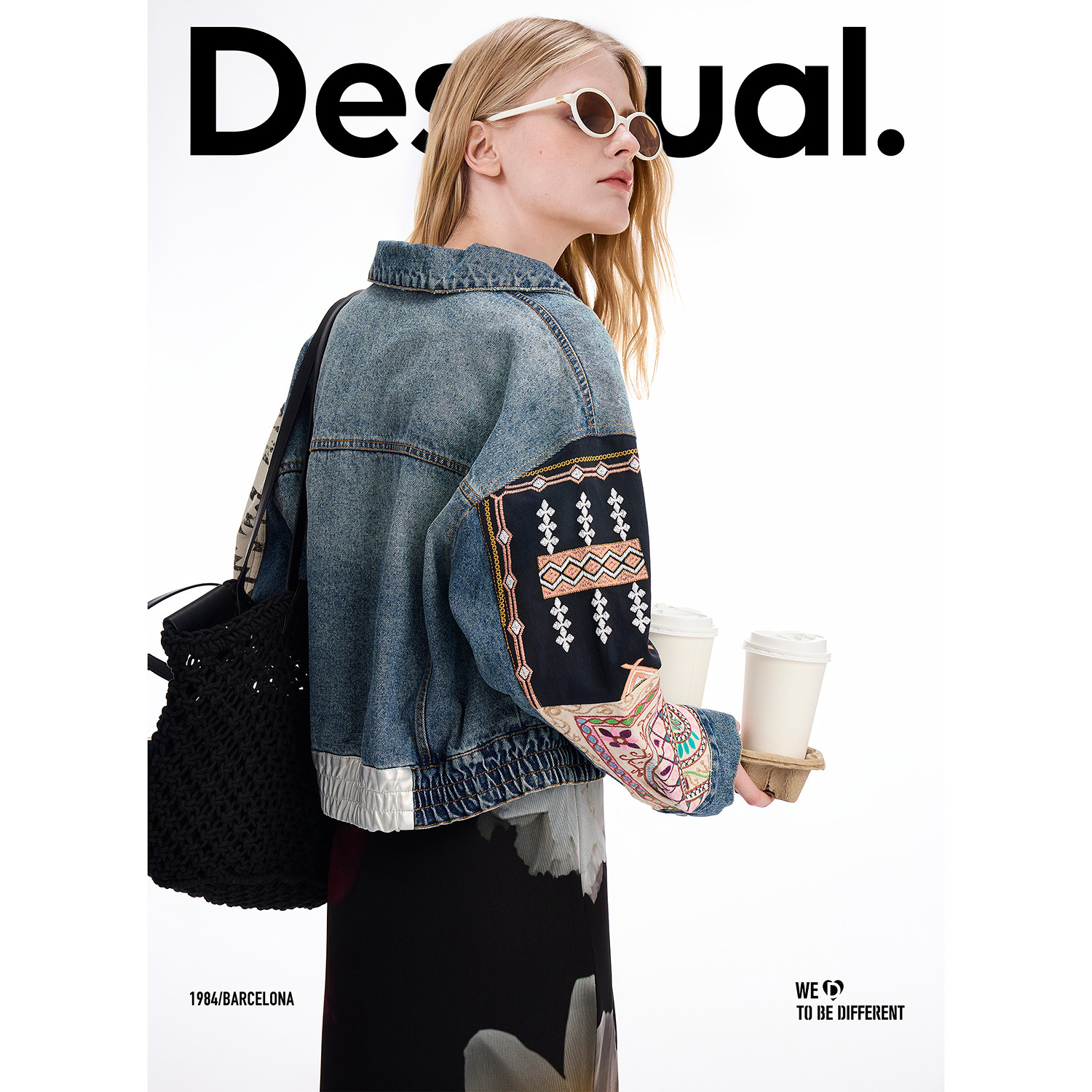 Desigual宽松牛仔撞色刺绣拼接夹克中蓝丹宁女士外套