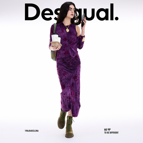 Desigual复古植绒印花弹力修身无袖女式连衣裙 - 图1