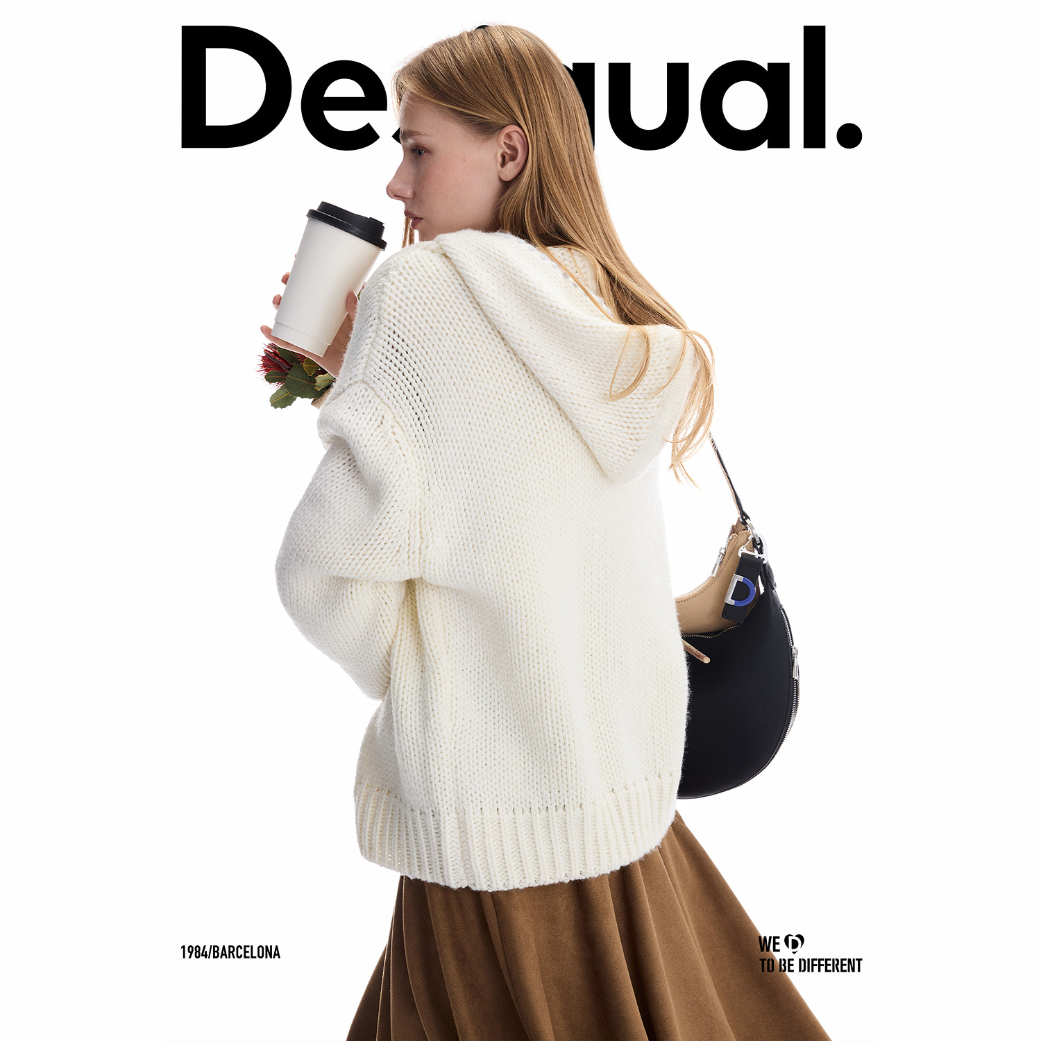 Desigual25秋冬新品羊毛混纺撞色拱针连帽针织拉链开衫女士外套