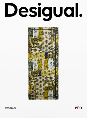 Desigual26秋冬新品草木绿拼贴印花细黑包边长款装饰丝巾
