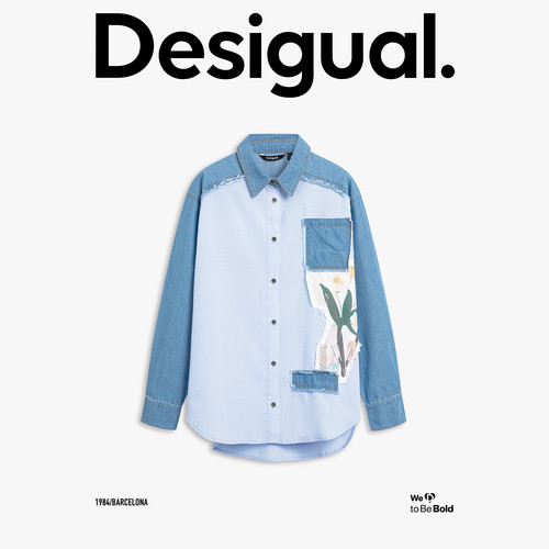 Desigual26春夏新品宽松牛仔拼接条纹印花贴布长袖女式衬衫 - 图3