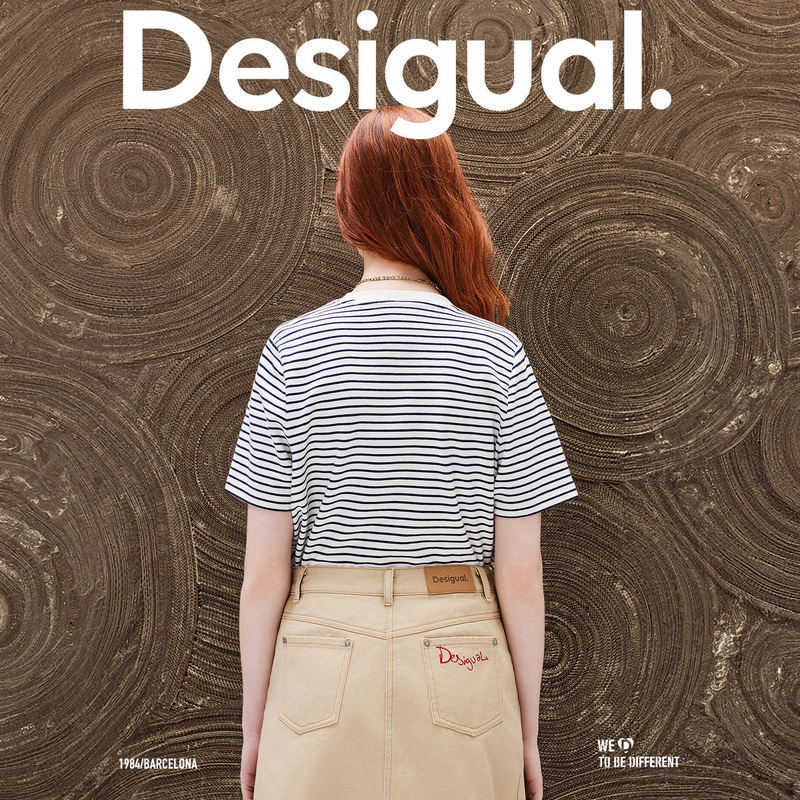 Desigual【西班牙时尚品牌】宽松条纹刺绣圆领短袖女式T恤 - 图2