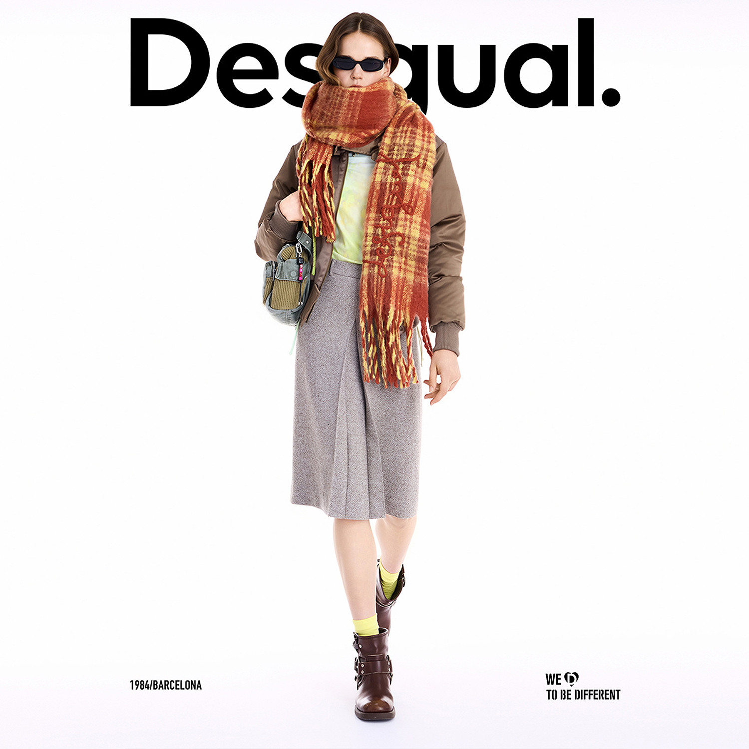 Desigual25秋冬红色毛圈绣格纹拉毛流苏围巾