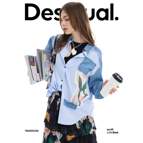 Desigual26春夏新品宽松牛仔拼接条纹印花贴布长袖女式衬衫 - 图1