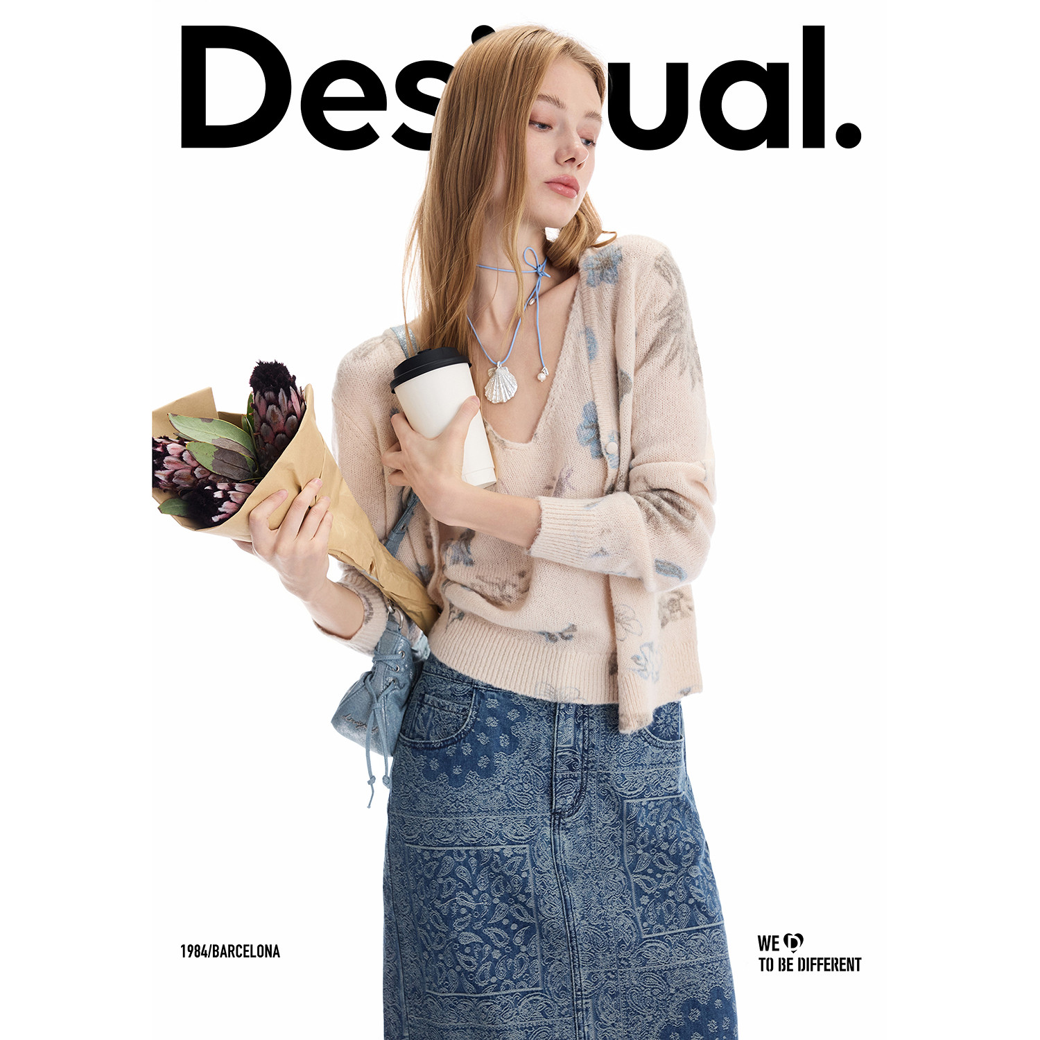 Desigual Two Piece Blue Floral Print Sling Long Sleeve Women's Sweater