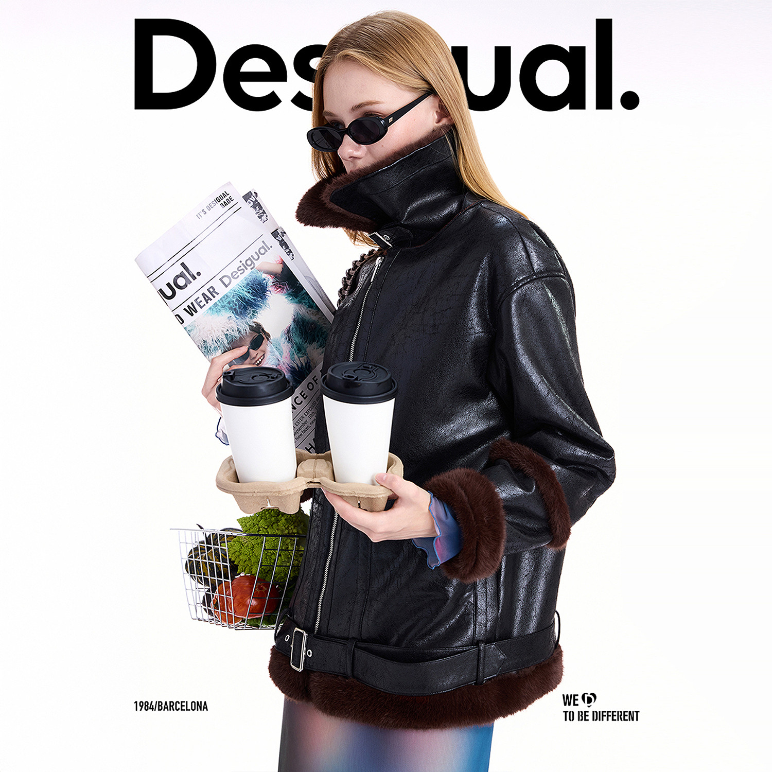 Desigual25秋冬新品仿皮毛一体翻领女士外套