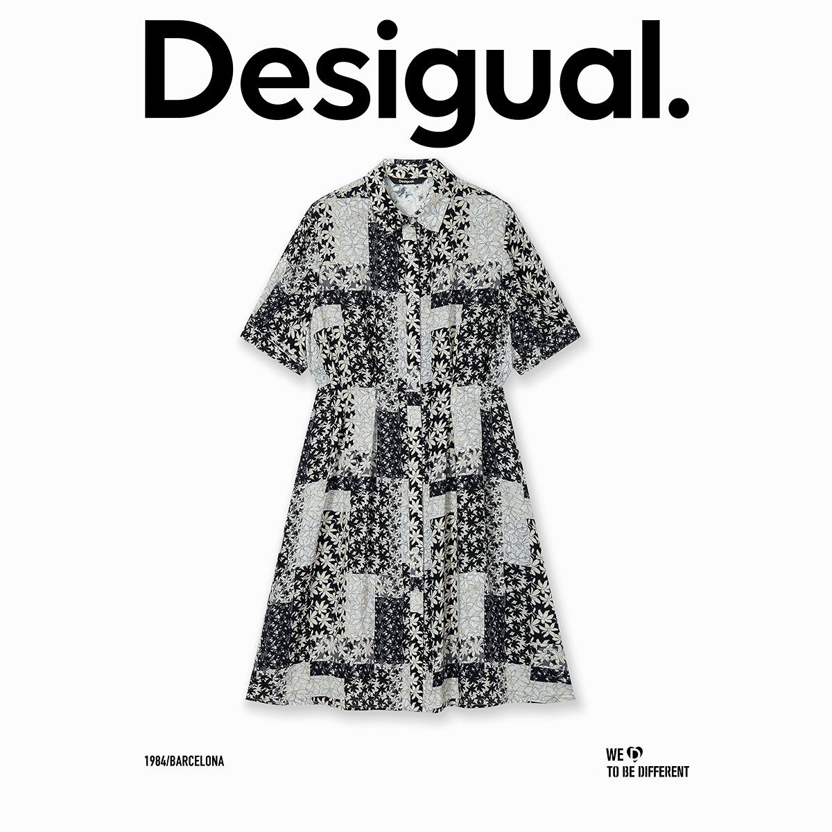 Desigual印花收腰翻领短袖衬衫连衣裙