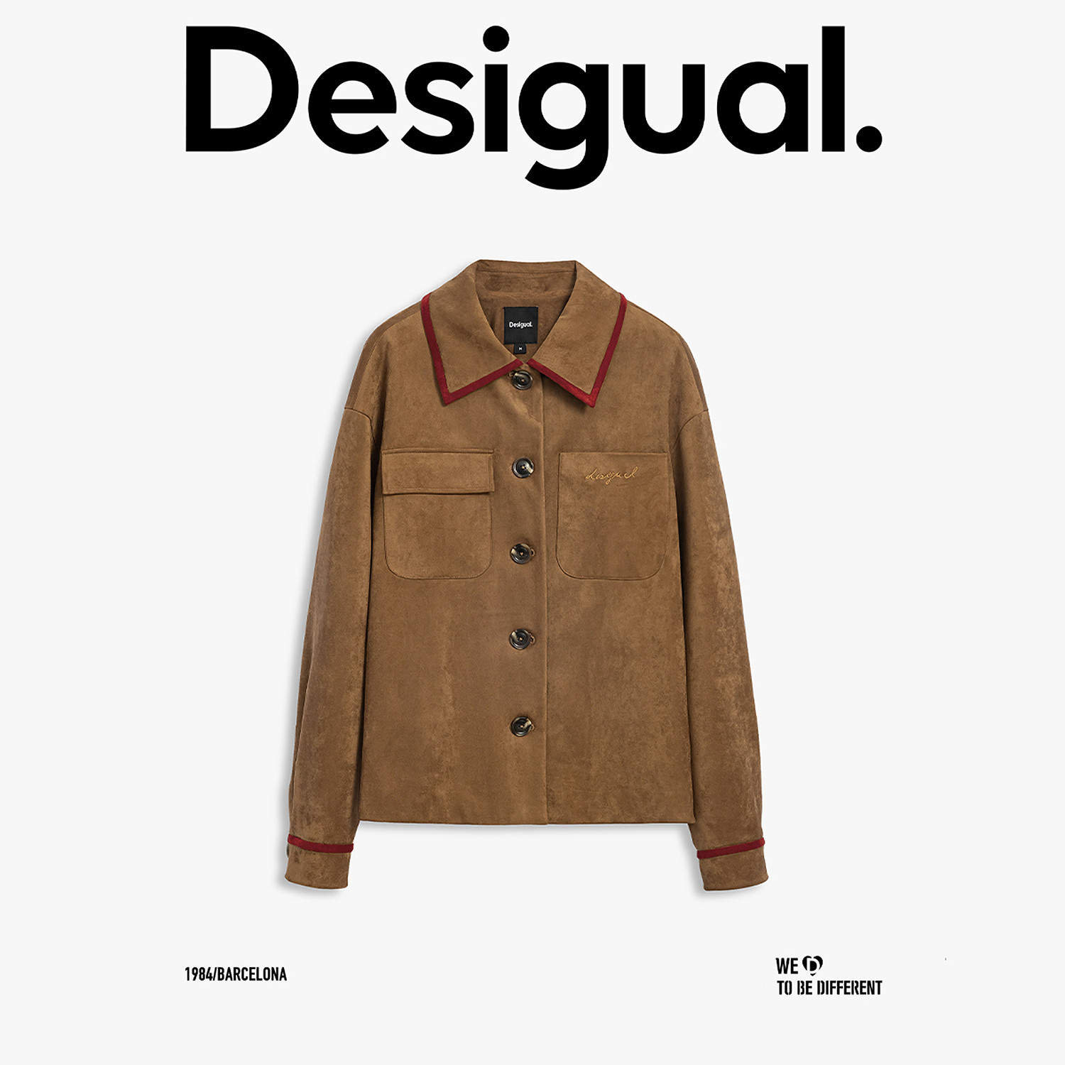 Desigual25秋冬新品麂皮感巴恩风红色撞边装饰工装风女士外套